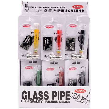 mini tobacco glass pipe + pipe screens in blister pack per 24 pcs ass
