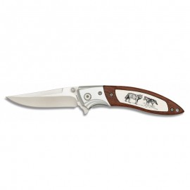 Couteau Scout Décor Loups 8 cm, manche Bois et Alu, avec clip