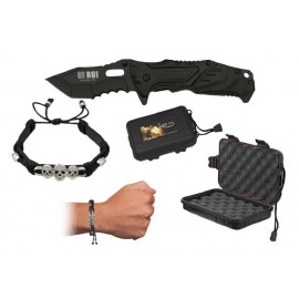 Black knife set, folding blade 8.5cm with clip + leather strap