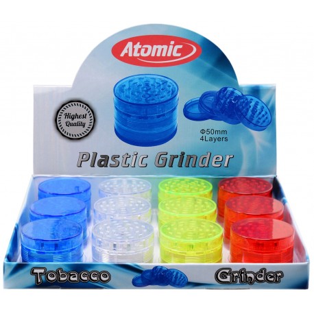 plastic grinder Ø 5 cm, 4 parts, 4 colors assorted per 12 pcs