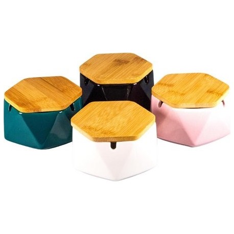 creramic ashtray Wind with bamboo lid, Ø 11.5 cm assorted per 4 pcs