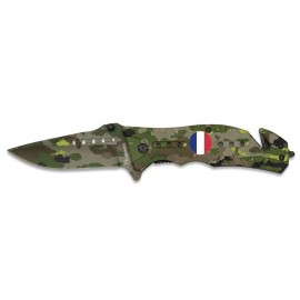Couteau FOS Tactique CAMO Sable, Ecusson Drapeau Francais 8 cm, clip