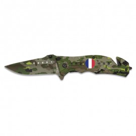 Couteau FOS CAMO Vert Camouflage, Ecusson Drapeau Francais 8 cm