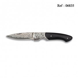 Couteau Lame Damas 7.5 cm Gravé Fleurs manche bois noir et métal