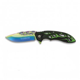 Couteau 8.5 cm Rainbow,manche vert,lame rainbow avec étui feutrine
