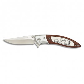 Couteau 8 cm Scout décor Chasseur/Sanglier, manche bois et métal