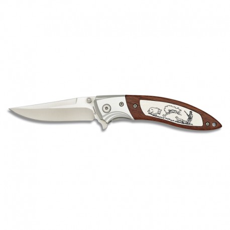 Couteau 8 cm Scout décor Chasseur/Sanglier, manche bois et métal