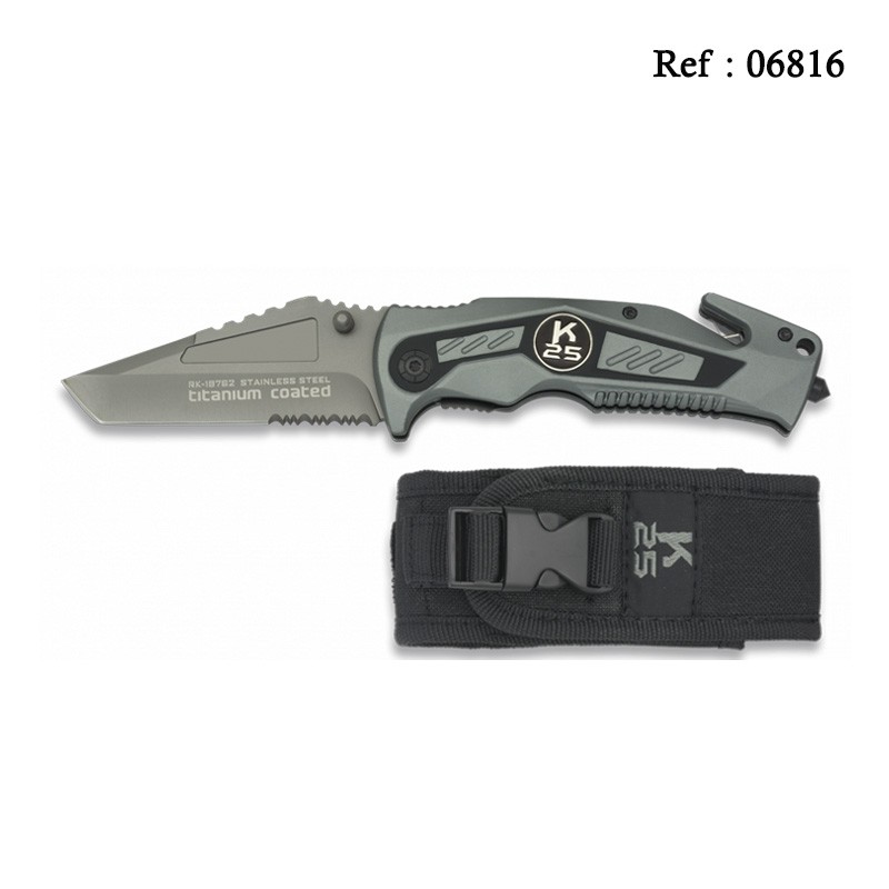 Couteau Tactique K25 Titanium 8.5 cm, avec étui nylon noir