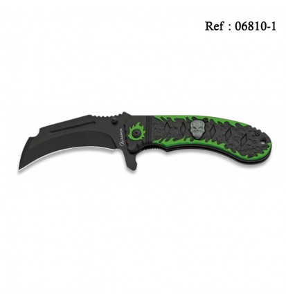 Couteau 9 cm FOS Tête de Mort/Flammes Noir/Vert, avec clip