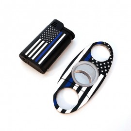 set jet lighter + cigar cutter black with decor american flag police