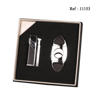 Coffret Briquet Triple Jet + Coupe cigare Noir/Chromé