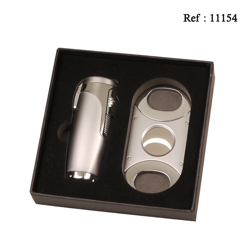 Coffret Briquet Triple Jet + Coupe cigare Chromé SKY