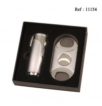 Coffret Briquet Triple Jet + Coupe cigare Chromé SKY