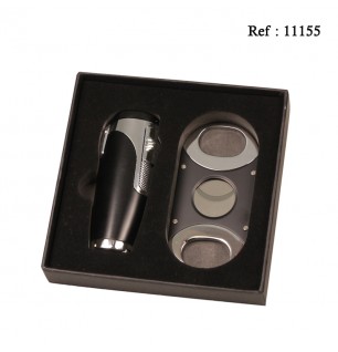 Coffret Briquet Triple Jet + Coupe cigare Noir/Chromé SKY