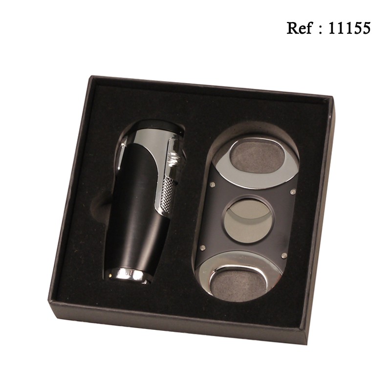 Coffret Briquet Triple Jet + Coupe cigare Noir/Chromé SKY