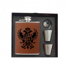 240ml chrome/leather flask set Armoirie, funnel & 2 silver tumblers