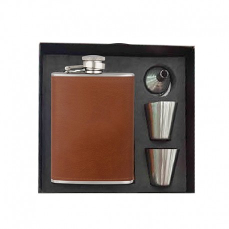 240ml chrome/leather flask set, funnel & 2 silver tumblers