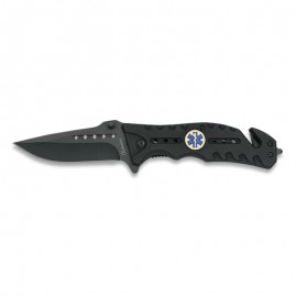 Couteau FOS Tactique Noir, Ecusson EMS 8cm avec clip