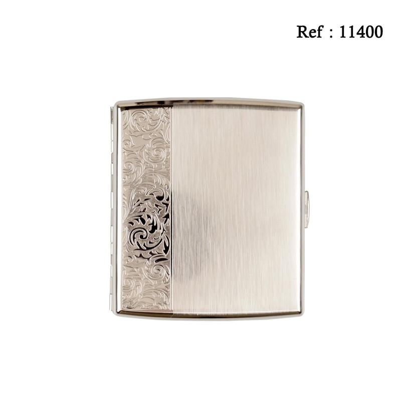 Cigarette case JC metal nickel brushed with ornament for 20 cig.