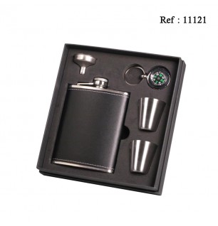 hip Flask set chrome leatherette Black 210 ml