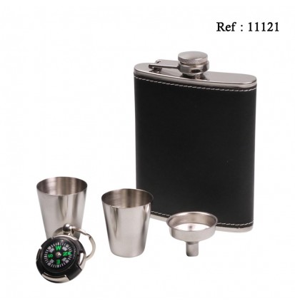 hip Flask set chrome leatherette Black 210 ml