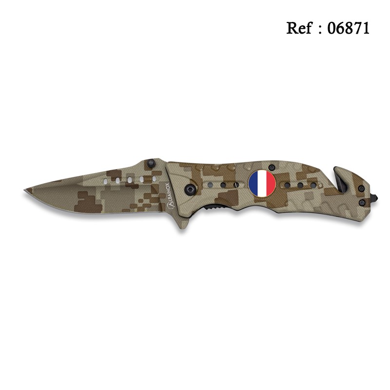 Couteau FOS Tactique CAMO Sable, Ecusson Drapeau Francais 8 cm, clip