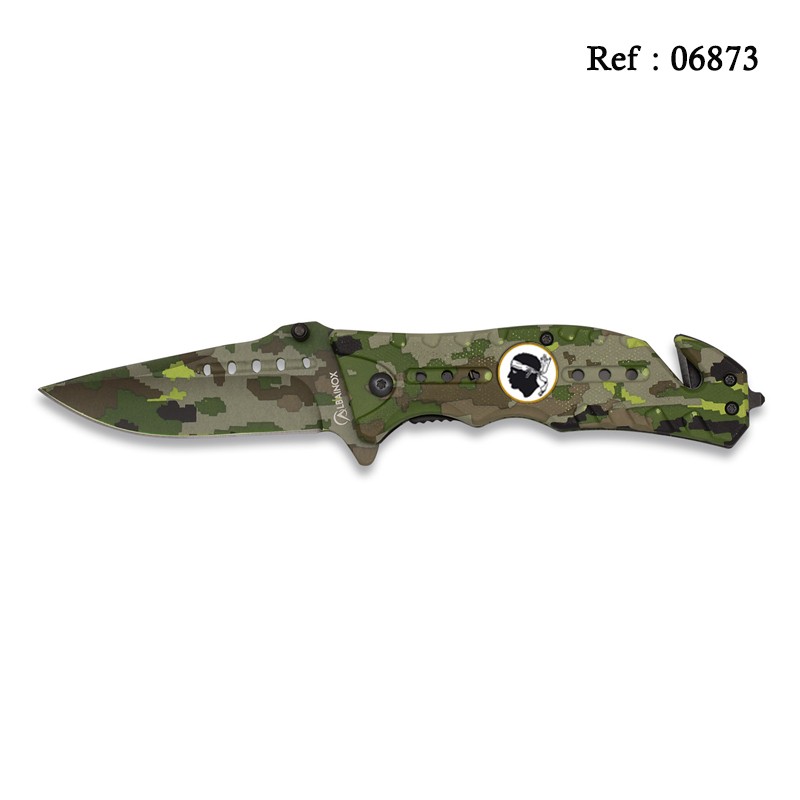 Couteau FOS Tactique CAMO Vert, Ecusson Corsica 8 cm, avec clip