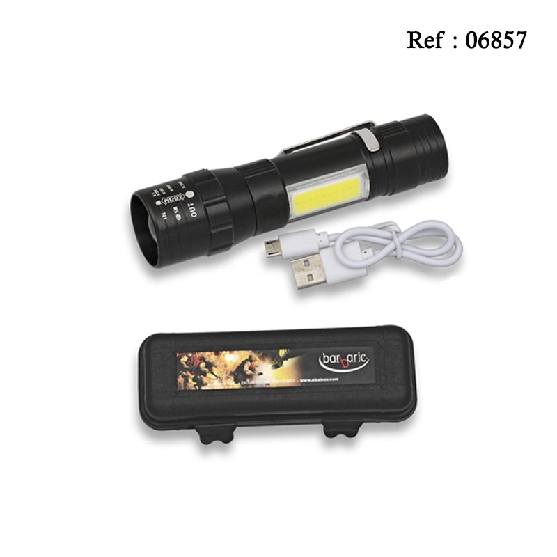 Flashlight Black refillable 9.3 cm with USB cable and clip