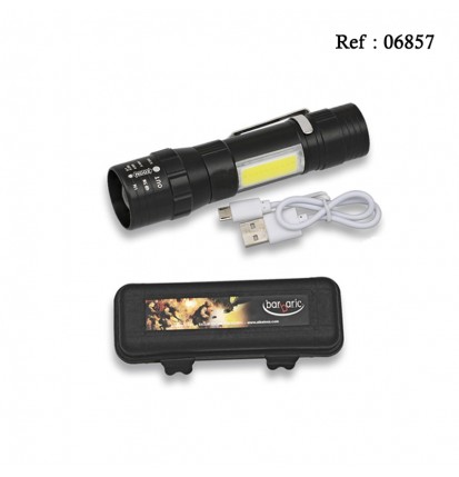 Flashlight Black refillable 9.3 cm with USB cable and clip