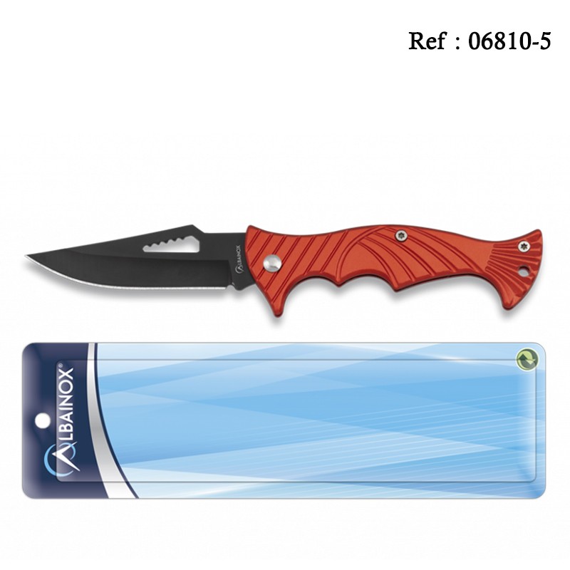 Couteau 7 cm Manche Rouge, lame noire, en blister