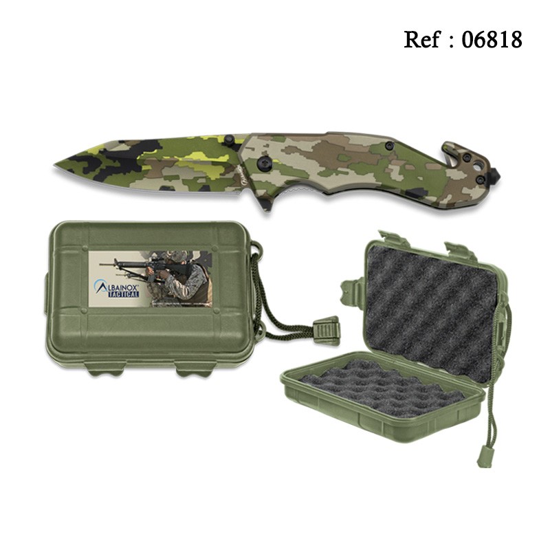 Couteau Tactique 8.3 cm Camo vert, avec clip, en coffret