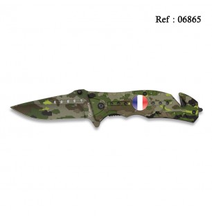 Couteau FOS CAMO Vert Camouflage, Ecusson Drapeau Francais 8 cm