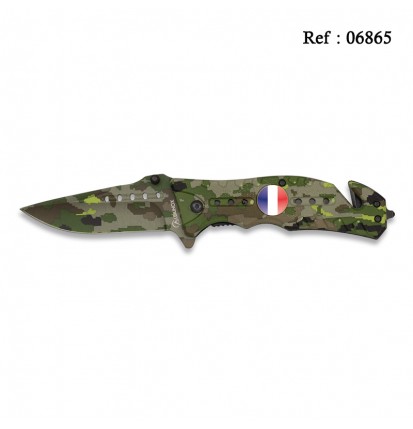 Couteau FOS CAMO Vert Camouflage, Ecusson Drapeau Francais 8 cm