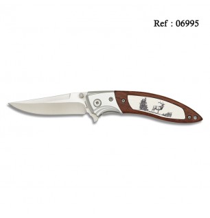 Couteau Scout Décor Cerf 8 cm, manche Bois et Alu, avec clip