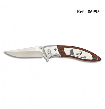 Couteau Scout Décor Cerf 8 cm, manche Bois et Alu, avec clip