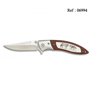 Couteau Scout Décor Loups 8 cm, manche Bois et Alu, avec clip