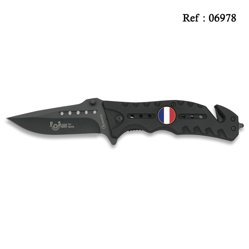 Couteau FOS Noir Ecusson drapeau français 8.3 cm, avec clip