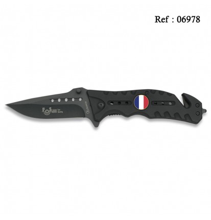 Couteau FOS Noir Ecusson drapeau français 8.3 cm, avec clip