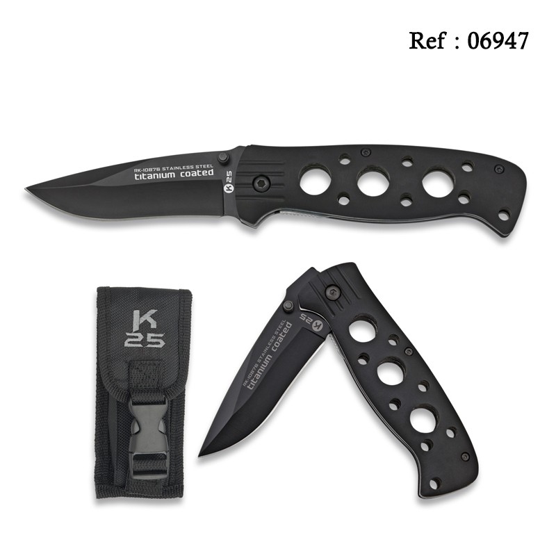 Couteau Tactique Noir K25 pliant 9 cm, avec étui nylon