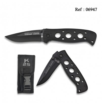 Couteau Tactique Noir K25 pliant 9 cm, avec étui nylon