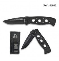 Couteau Tactique Noir K25 pliant 9 cm, avec étui nylon