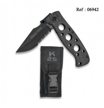 Couteau Tactique Noir K25 lame pliante 8.7 cm, avec étui