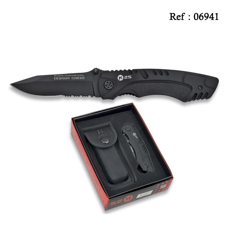 knife black tactique K25 8 cm in pouch