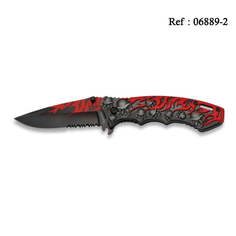 Knife 3D Skulls and Flammes 8 cm with clip