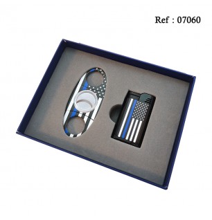 Coffret Briquet Jet + Coupe cigares Noir avec décor drapeau US Police