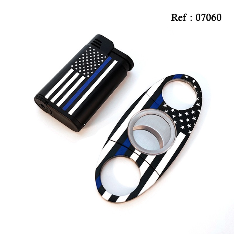 Coffret Briquet Jet + Coupe cigares Noir avec décor drapeau US Police