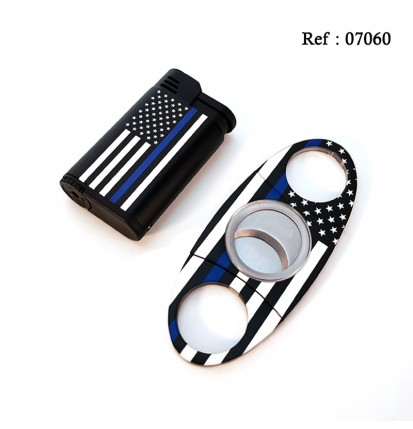 Coffret Briquet Jet + Coupe cigares Noir avec décor drapeau US Police