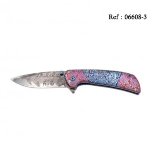 Couteau THIRD Acier 3D décor Damas Bleu/Rose 11.5cm, Inox