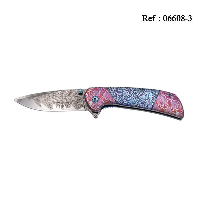 Knife THIRD Steel 3D Damascus Blue/Pink 11.5cm, Stainless steel