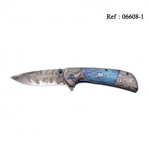 Knife THIRD Steel 3D Damascus Blue/Grey 11.5cm, Stainless steel